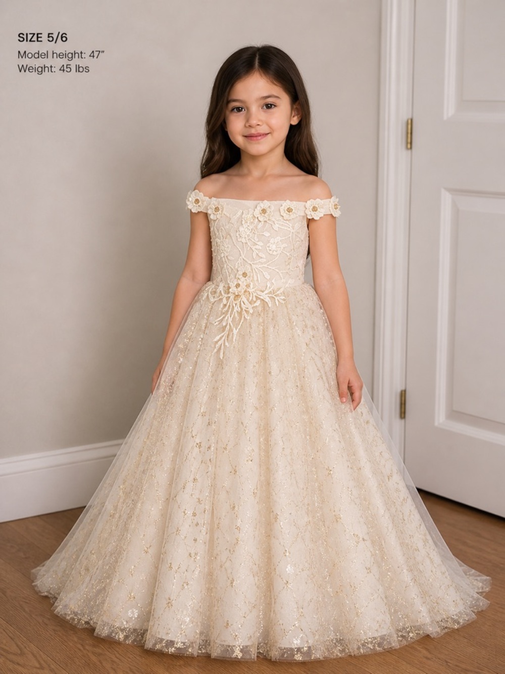 Veaul Elegant Cream & Gold Flower Girl Dress Long train Floral Embroidered 5/6